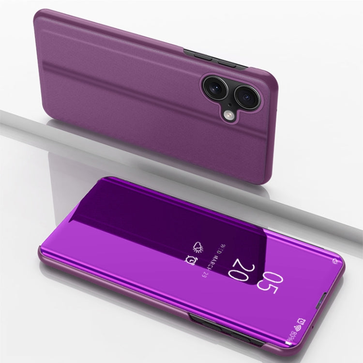 For iPhone 16 Plus Plated Mirror Horizontal Flip Leather Phone Case with Holder(Purple) - iPhone 16 Plus Cases by buy2fix | Online Shopping UK | buy2fix