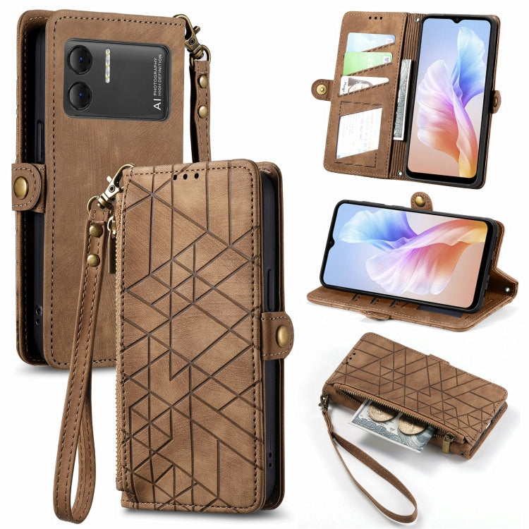 For DOOGEE X98 Pro / X98 Geometric Zipper Wallet Side Buckle Leather Phone Case(Brown) - Doogee Cases by buy2fix | Online Shopping UK | buy2fix