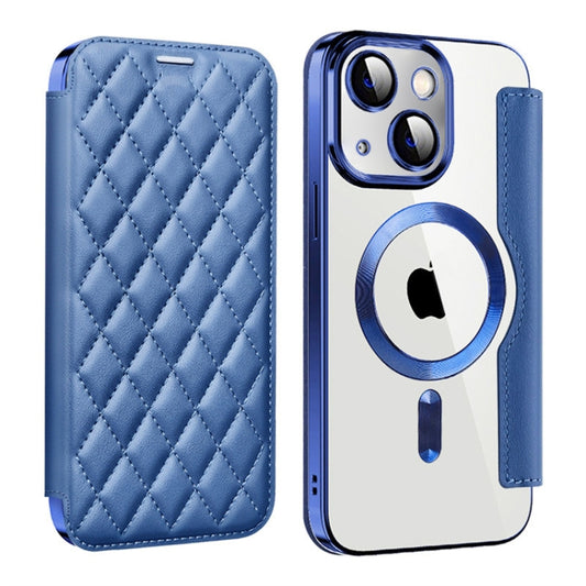 For iPhone 15 Shield Magsafe RFID Anti-theft Rhombus Leather Phone Case(Dark Blue) - iPhone 15 Cases by buy2fix | Online Shopping UK | buy2fix