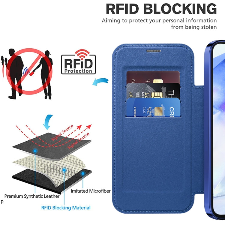 For Samsung Galaxy A55 5G Shield Magsafe RFID Anti-theft Rhombus Leather Phone Case(Dark Blue) - Galaxy S23 5G Cases by buy2fix | Online Shopping UK | buy2fix