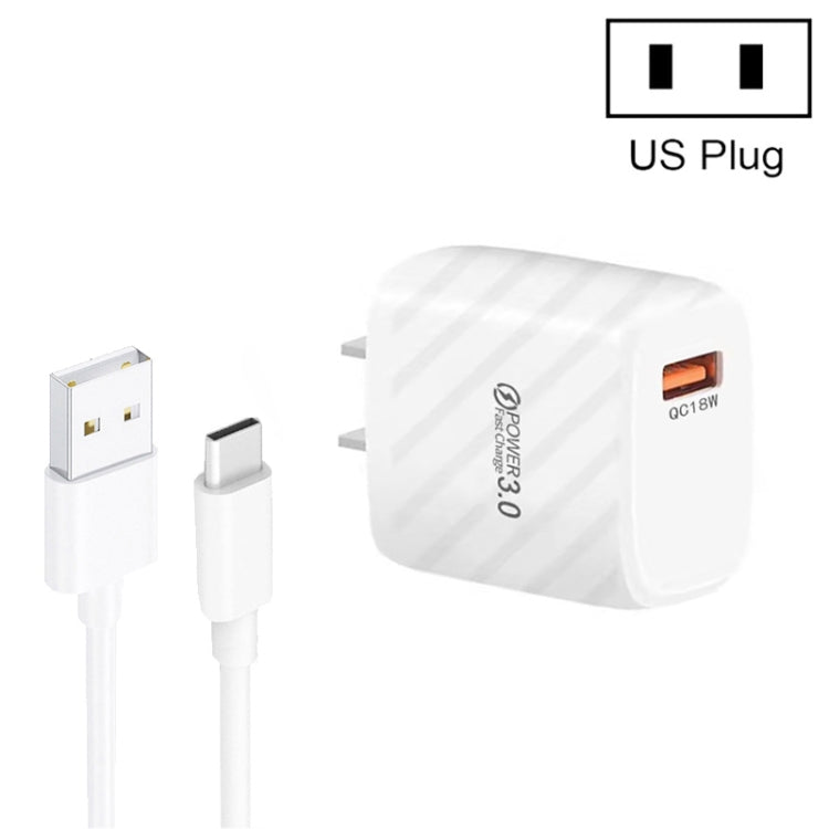 TE-005 QC3.0 18W USB Fast Charger with 1m 3A USB to Type-C Cable, US Plug(White) - USB Charger by buy2fix | Online Shopping UK | buy2fix