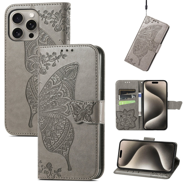 For iPhone 16 Pro Max Butterfly Love Flower Embossed Leather Phone Case(Gray) - iPhone 16 Pro Max Cases by buy2fix | Online Shopping UK | buy2fix