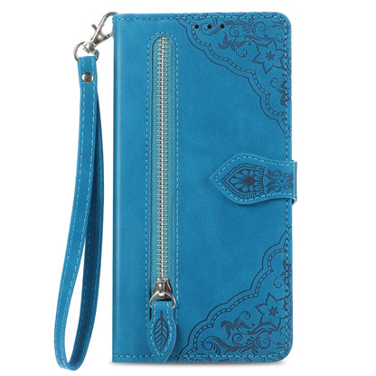 For Xiaomi Redmi K70 Pro Embossed Flower Zipper Leather Phone Case(Blue) - K70 Pro Cases by buy2fix | Online Shopping UK | buy2fix