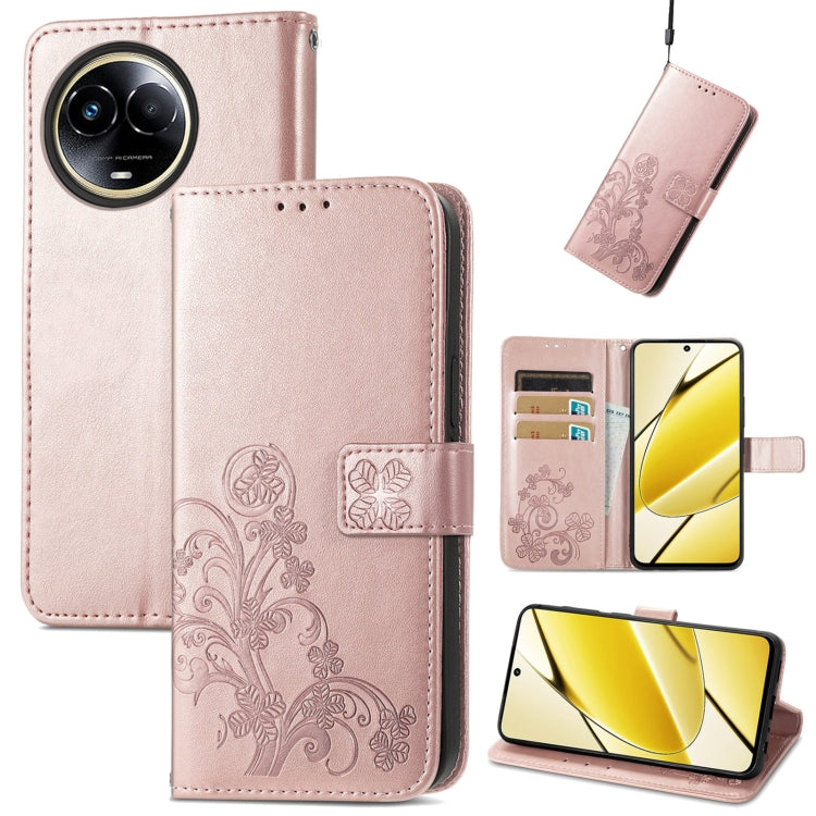 For Realme 11 5G Global Four-leaf Clasp Embossed Buckle Leather Phone Case(Rose Gold) - Realme Cases by buy2fix | Online Shopping UK | buy2fix
