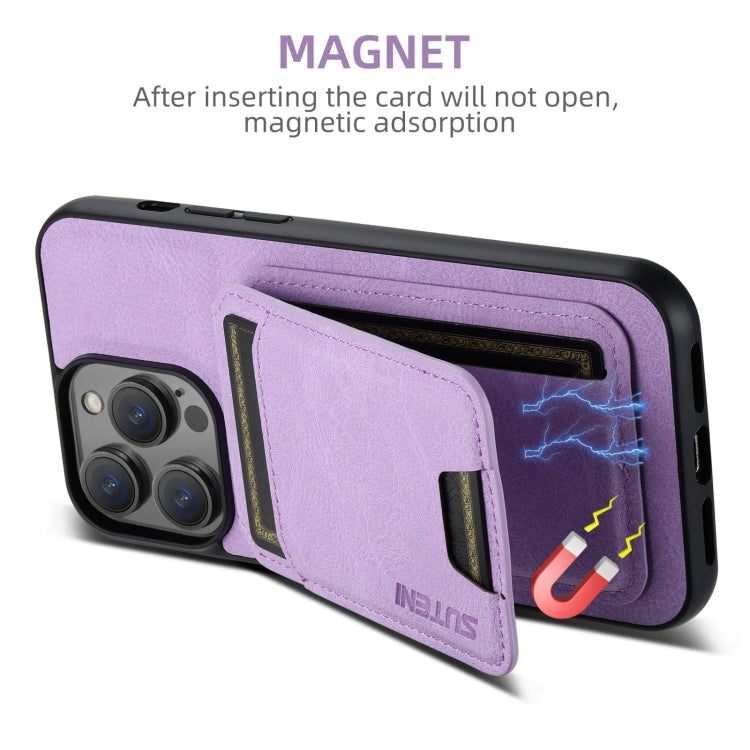 For iPhone 16 Pro Max Suteni H02 Litchi Leather Card Wallet Stand Back Phone Case(Purple) - iPhone 16 Pro Max Cases by Suteni | Online Shopping UK | buy2fix