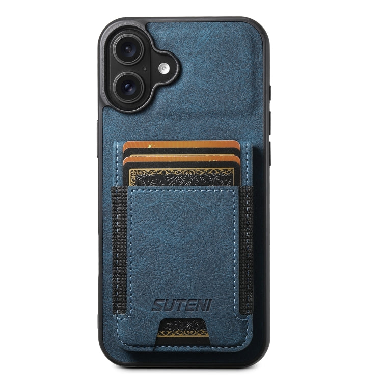 For iPhone 16 Suteni H03 Litchi Leather Card Bag Stand Back Phone Case(Blue) - iPhone 16 Cases by Suteni | Online Shopping UK | buy2fix