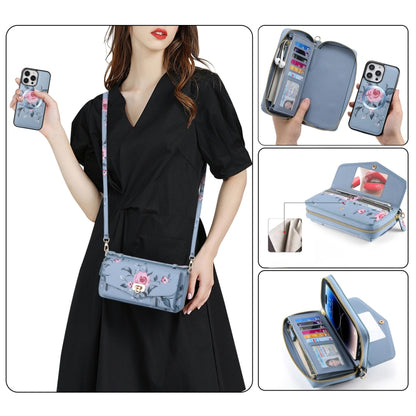 For iPhone 14 Plus MagSafe Flower Multi-functional Crossbody Zipper Wallet Leather Phone Case(Blue) - iPhone 14 Plus Cases by buy2fix | Online Shopping UK | buy2fix