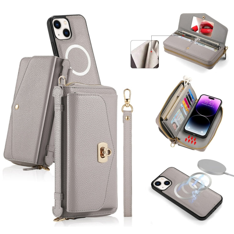 For iPhone 14 Plus MagSafe Crossbody Multi-functional Zipper Wallet Litchi Leather Phone Case(Grey) - iPhone 14 Plus Cases by buy2fix | Online Shopping UK | buy2fix