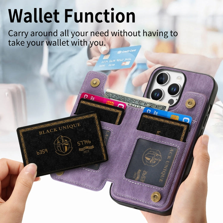 For iPhone 16 Pro Retro Leather Zipper Wallet Back Phone Case(Purple) - More iPhone Cases by buy2fix | Online Shopping UK | buy2fix