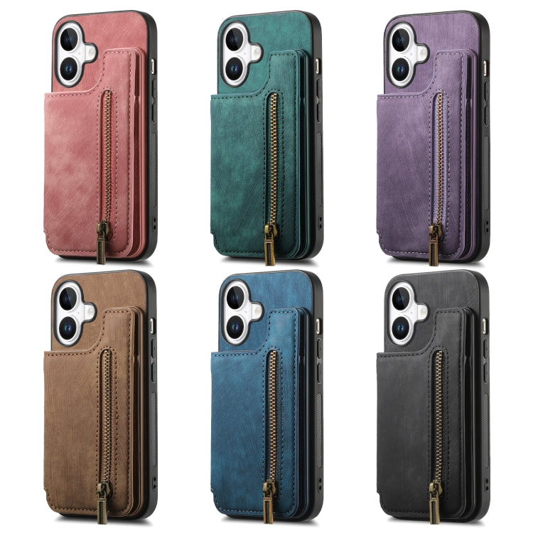 For iPhone 16 Retro Leather Zipper Wallet Back Phone Case(Purple) - More iPhone Cases by buy2fix | Online Shopping UK | buy2fix