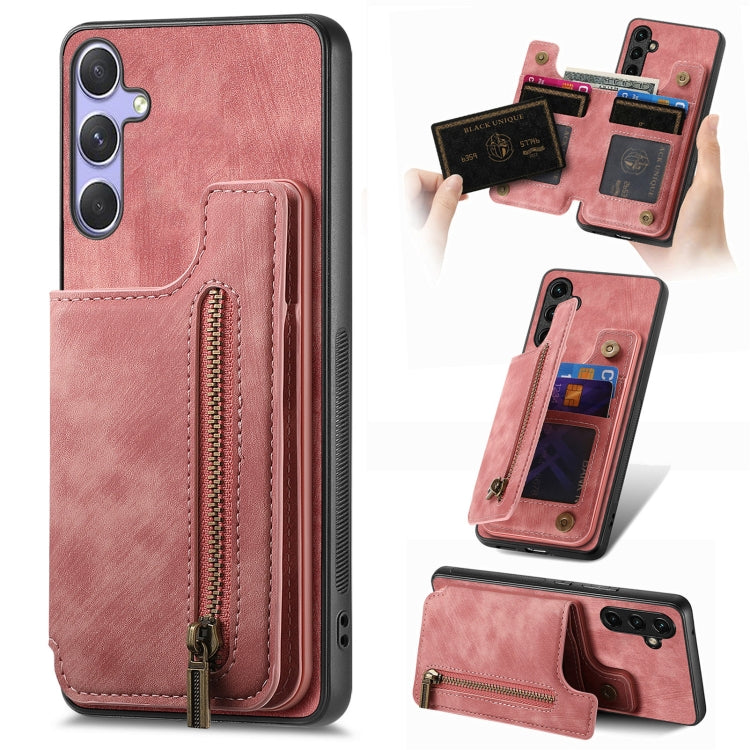 For Samsung Galaxy S25+ 5G Retro Leather Zipper Wallet Back Phone Case(Pink) - Galaxy S25+ 5G Cases by buy2fix | Online Shopping UK | buy2fix