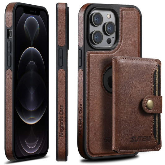 For iPhone 12 Pro Suteni M1 Oil Wax MagSafe Detachable Horizontal Card Bag Phone Case(Brown) - iPhone 12 / 12 Pro Cases by Suteni | Online Shopping UK | buy2fix