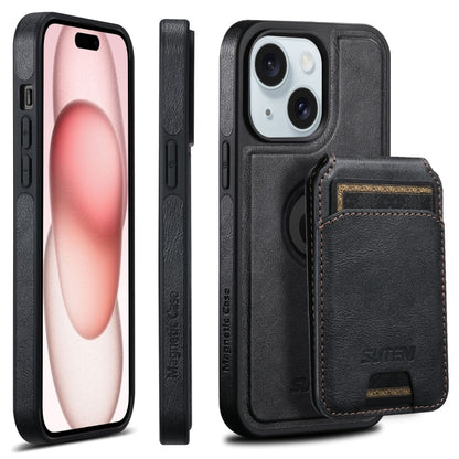 For iPhone 15 Suteni M2 Oil Wax MagSafe Horizontal Card Bag Phone Case(Black) - iPhone 15 Cases by Suteni | Online Shopping UK | buy2fix