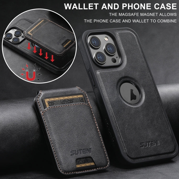 For iPhone 15 Suteni M2 Oil Wax MagSafe Horizontal Card Bag Phone Case(Black) - iPhone 15 Cases by Suteni | Online Shopping UK | buy2fix