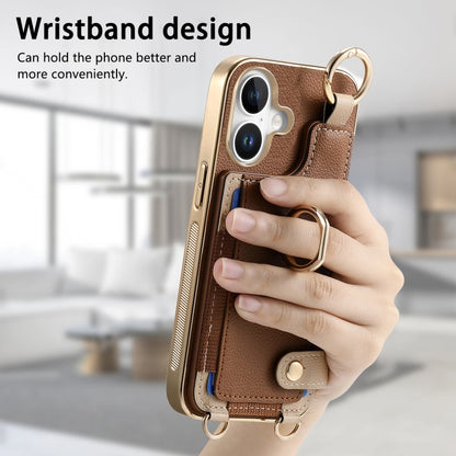 For iPhone 16 Plus Fashion Ring Card Bag Phone Case with Hang Loop(Brown) - iPhone 16 Plus Cases by buy2fix | Online Shopping UK | buy2fix