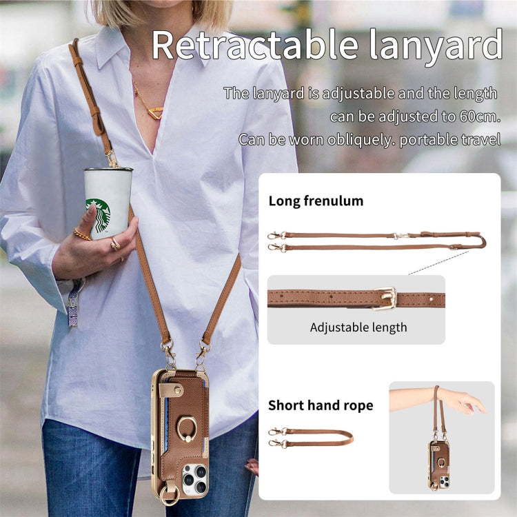 For iPhone 16 Pro Fashion Ring Card Bag Phone Case with Hang Loop(Brown) - iPhone 16 Pro Cases by buy2fix | Online Shopping UK | buy2fix