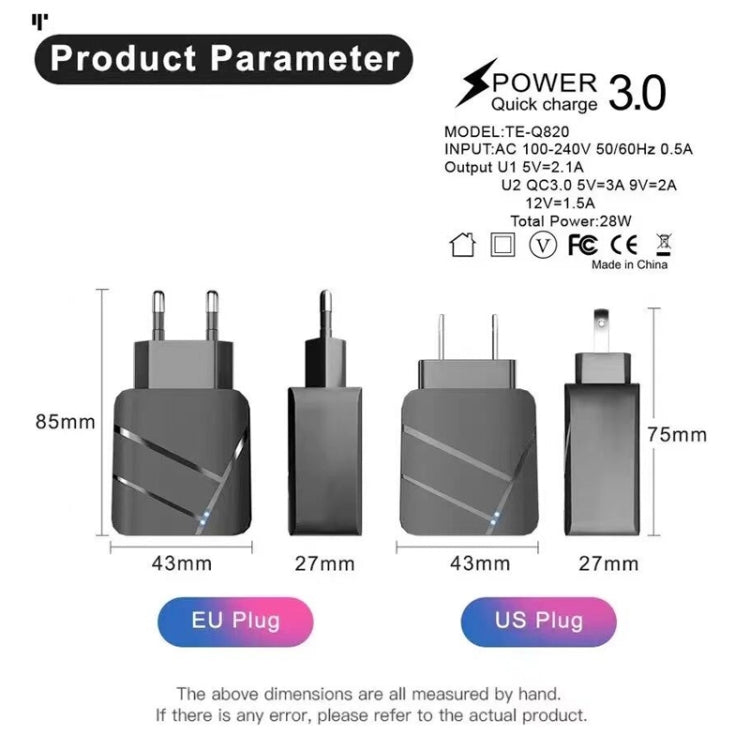 TE-Q820 28W Dual USB QC3.0 18W Mobile Phone Charger, EU Plug(Black) - USB Charger by buy2fix | Online Shopping UK | buy2fix