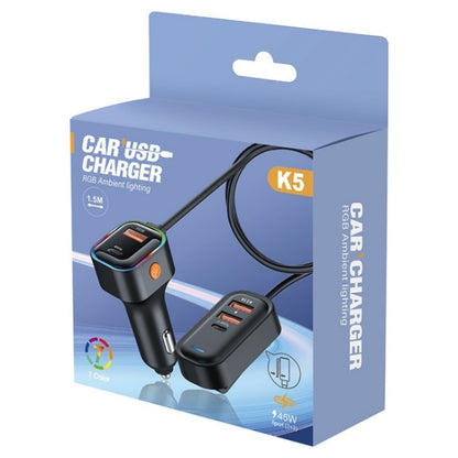 K5 3 USB Fast Charging Car Charger 66W Extension Cord Design 5 Ports Charging Adapter - Car Charger by buy2fix | Online Shopping UK | buy2fix