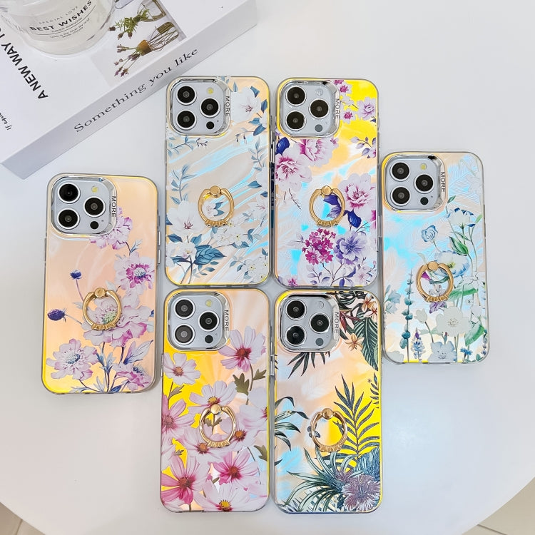 For iPhone 16 Plus Electroplating Laser Flower Ring Holder TPU Phone Case(Chrysanthemum AH5) - iPhone 16 Plus Cases by buy2fix | Online Shopping UK | buy2fix