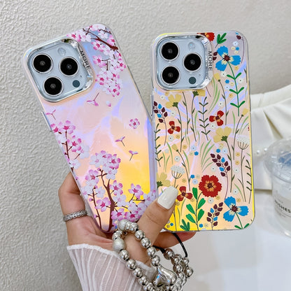 For iPhone 16 Electroplating Laser Flower Phone Case with Wrist Strap(Pink Flower AH13) - iPhone 16 Cases by buy2fix | Online Shopping UK | buy2fix