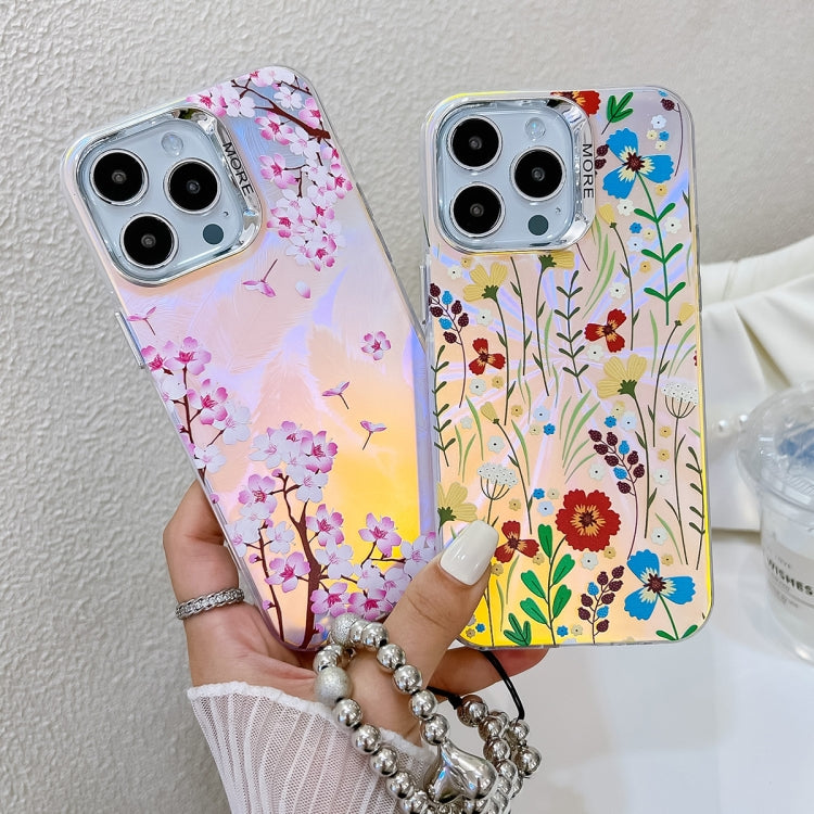 For iPhone 16 Electroplating Laser Flower Phone Case with Wrist Strap(Leaves AH12) - iPhone 16 Cases by buy2fix | Online Shopping UK | buy2fix