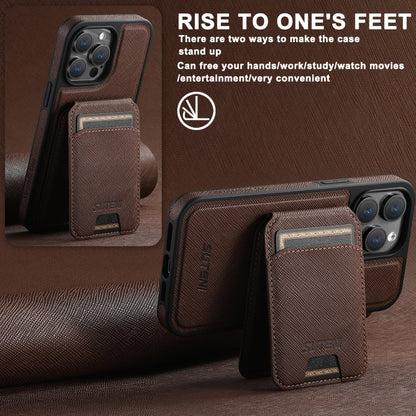 For iPhone 14 Plus Suteni M2 Cross-Grain MagSafe Vertical Card Back Phone Case(Brown) - iPhone 14 Plus Cases by Suteni | Online Shopping UK | buy2fix