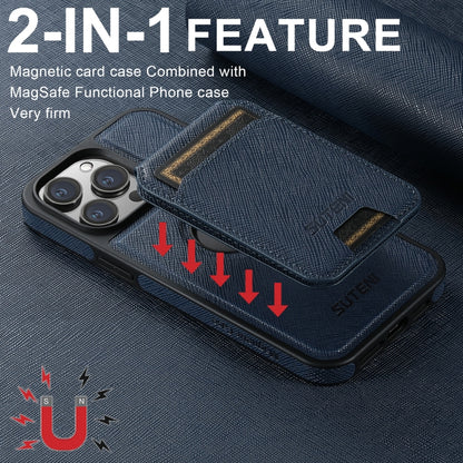 For iPhone 16 Pro Suteni M2 Cross-Grain MagSafe Vertical Card Back Phone Case(Blue) - iPhone 16 Pro Cases by Suteni | Online Shopping UK | buy2fix