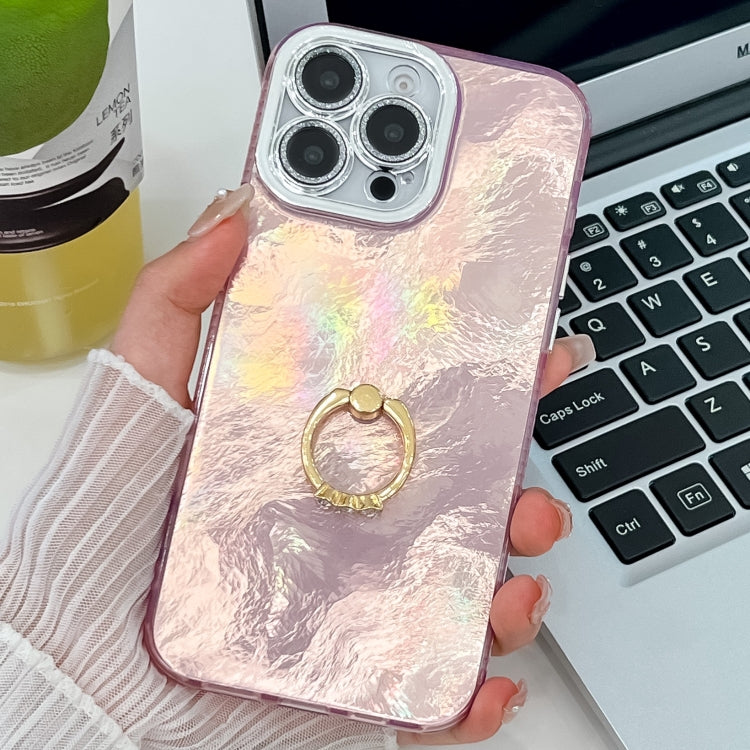 For iPhone 16 Pro Max Plating Glitter Texture Ring Holder TPU Phone Case with Lens Film(Pink Tinfoil Texture) - More iPhone Cases by buy2fix | Online Shopping UK | buy2fix