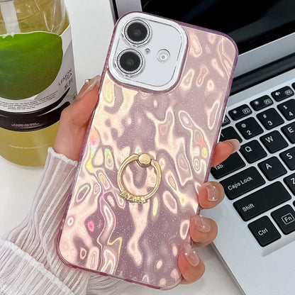 For iPhone 16 Plating Glitter Texture Ring Holder TPU Phone Case with Lens Film(Pink Wrinkles) - iPhone 16 Cases by buy2fix | Online Shopping UK | buy2fix