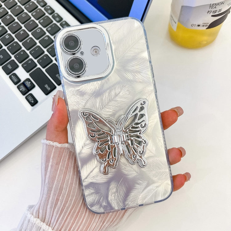 For iPhone 16 Plus Plating Glitter Texture Butterfly Holder TPU Phone Case with Lens Film(White Feathers) - iPhone 16 Plus Cases by buy2fix | Online Shopping UK | buy2fix