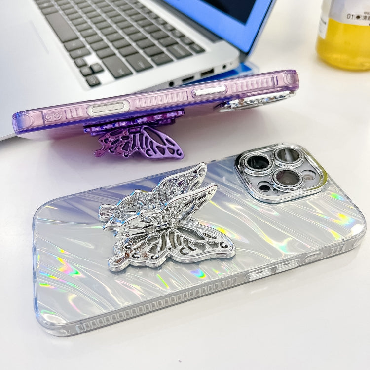 For iPhone 16 Plating Glitter Texture Butterfly Holder TPU Phone Case with Lens Film(Pink Water Ripples) - iPhone 16 Cases by buy2fix | Online Shopping UK | buy2fix