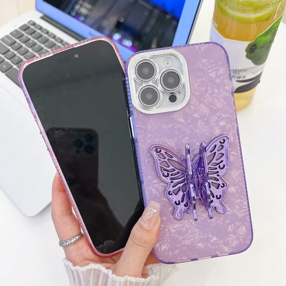 For iPhone 16 Pro Max Plating Glitter Texture Butterfly Holder TPU Phone Case with Lens Film(Purple Wrinkles) - iPhone 16 Pro Max Cases by buy2fix | Online Shopping UK | buy2fix