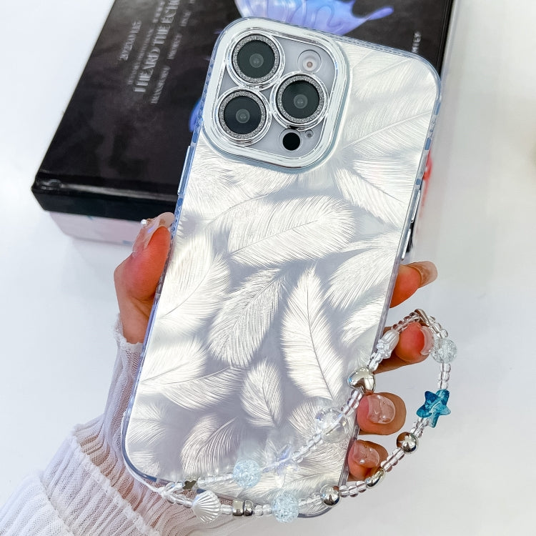 For iPhone 16 Pro Max Plating Glitter Texture Chain Wristband TPU Phone Case with Lens Film(White Feathers) - iPhone 16 Pro Max Cases by buy2fix | Online Shopping UK | buy2fix