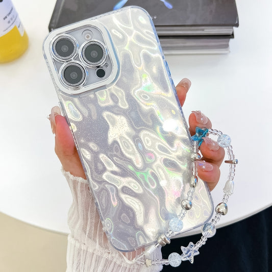 For iPhone 16 Plating Glitter Texture Chain Wristband TPU Phone Case with Lens Film(White Wrinkles) - iPhone 16 Cases by buy2fix | Online Shopping UK | buy2fix