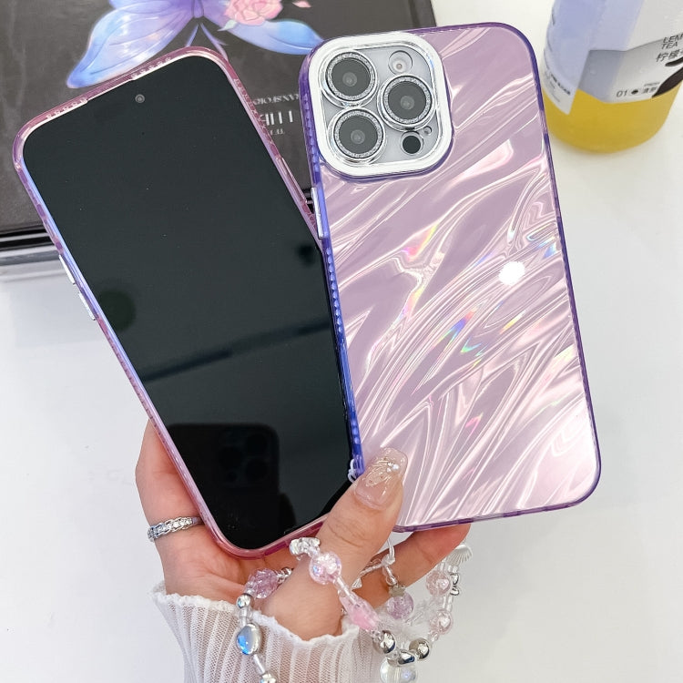 For iPhone 16 Plus Plating Glitter Texture Chain Wristband TPU Phone Case with Lens Film(Purple Feathers) - iPhone 16 Plus Cases by buy2fix | Online Shopping UK | buy2fix