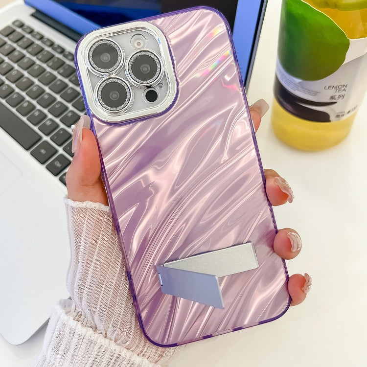 For iPhone 16 Pro Max Plating Glitter Texture Fold Holder TPU Phone Case with Lens Film(White Tinfoil Texture) - iPhone 16 Pro Max Cases by buy2fix | Online Shopping UK | buy2fix