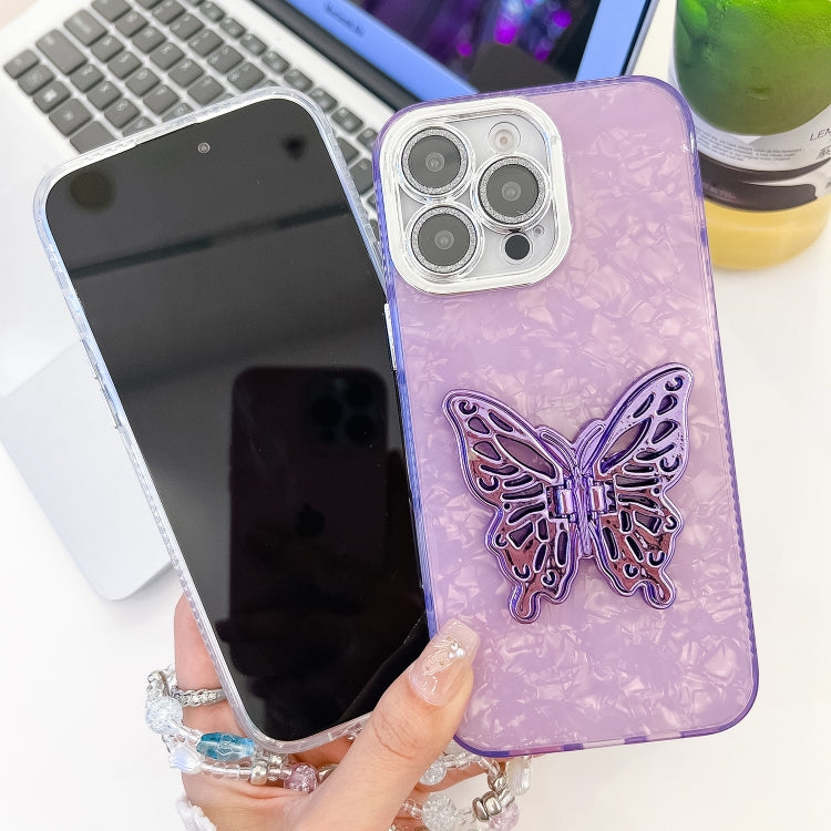 For iPhone 16 Pro Max Plating Glitter Lens Film Texture Butterfly Holder Wristband Phone Case(Pink Tinfoil Texture) - iPhone 16 Pro Max Cases by buy2fix | Online Shopping UK | buy2fix