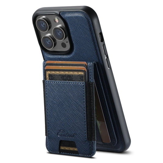 For iPhone 16 Pro Suteni H17 Cross Grain Leather MagSafe Detachable Wallet Phone Case(Blue) - iPhone 16 Pro Cases by Suteni | Online Shopping UK | buy2fix