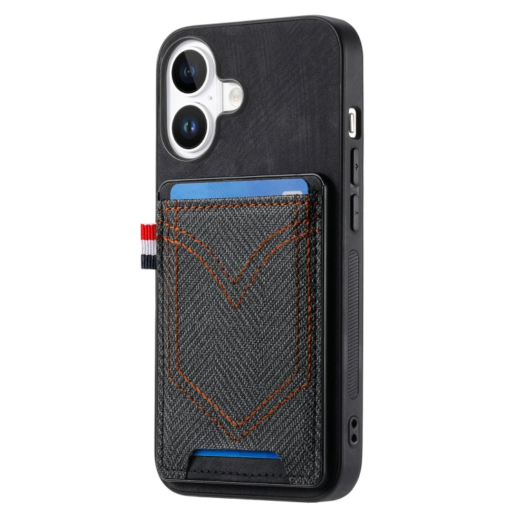 For iPhone 16 Plus Denim Texture Leather Skin Phone Case with Card Slot(Black) - iPhone 16 Plus Cases by buy2fix | Online Shopping UK | buy2fix