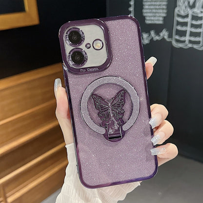 For iPhone 16 Plus Plating Glitter Butterfly Holder Phone Case(Purple) - iPhone 16 Plus Cases by buy2fix | Online Shopping UK | buy2fix