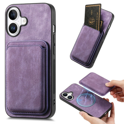 For iPhone 16 Retro Leather Card Bag Magnetic Phone Case(Purple) - iPhone 16 Cases by buy2fix | Online Shopping UK | buy2fix