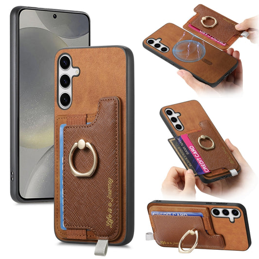 For Samsung Galaxy S25+ 5G Retro Cross Leather Ring Horizontal Insert Card Bag MagSafe Phone Case(Brown) - Galaxy S25+ 5G Cases by buy2fix | Online Shopping UK | buy2fix