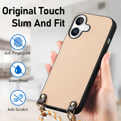 For iPhone 16 Carbon Fiber Texture Leather Back Phone Case with Crossbody Strap(Khaki) - iPhone 16 Cases by buy2fix | Online Shopping UK | buy2fix