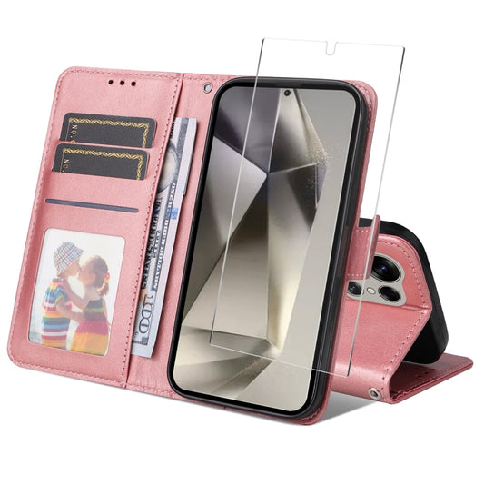 For Samsung Galaxy S25 Ultra 5G ENKAY Card Wallet Calf Texture Leather Phone Case with Screen Film(Pink) - Galaxy S25 Ultra 5G Cases by ENKAY | Online Shopping UK | buy2fix