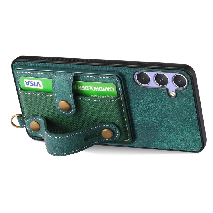 For Samsung Galaxy S25 5G Retro Cross Wristband Wallet Leather Back Phone Case(Green) - Galaxy S25 5G Cases by buy2fix | Online Shopping UK | buy2fix