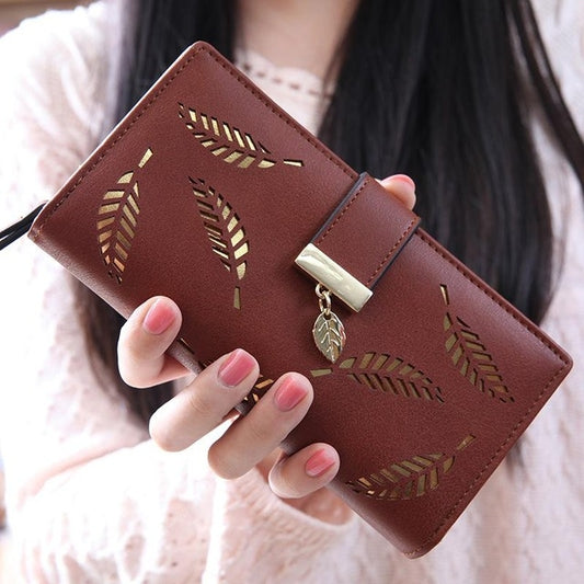 Long Gold Hollow Leaves Coin Purse Card Holders Wallet for Women(Brown) - Wallets by buy2fix | Online Shopping UK | buy2fix