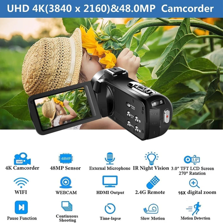 48MP Camera For YouTube Vlog Streaming 4K Camcorder With 16X Digital Zoom, 3.0-Inch Touch Screen, WiFi, Infrared Night - Video Cameras by buy2fix | Online Shopping UK | buy2fix