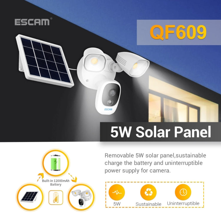 ESCAM QF609 1080P Solar Powered 1000LM Floodlight Wireless Camera with Solar Panel & 12000mAh Rechargeable Battery, Support PIR Sensor & Night Vision & Two Way Audio & TF Card - Security by ESCAM | Online Shopping UK | buy2fix