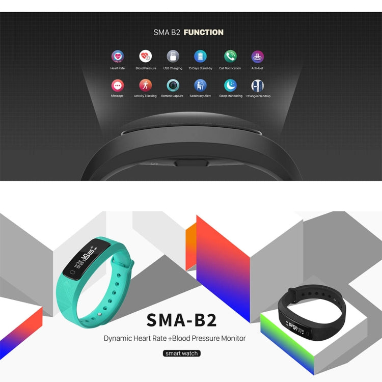 SMA-B2 Fitness Tracker Bluetooth 4.0 Smart Bracelet, IP67 Waterproof, Support Sports Modes / Heart Rate Monitor / Blood Pressure Monitor / Sleep Monitor(Black) - Smart Wear by buy2fix | Online Shopping UK | buy2fix