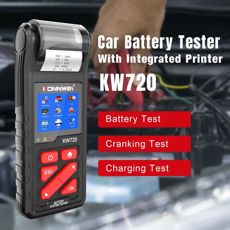 KONNWEI KW720 Car 3.2 inch 6V-24V Lead-acid Battery Tester with Printer - In Car by KONNWEI | Online Shopping UK | buy2fix